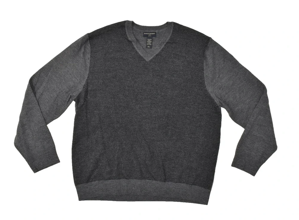 Banana Republic Men's Merino V-Neck Sweater Regular Size XXL Gray Herringbone